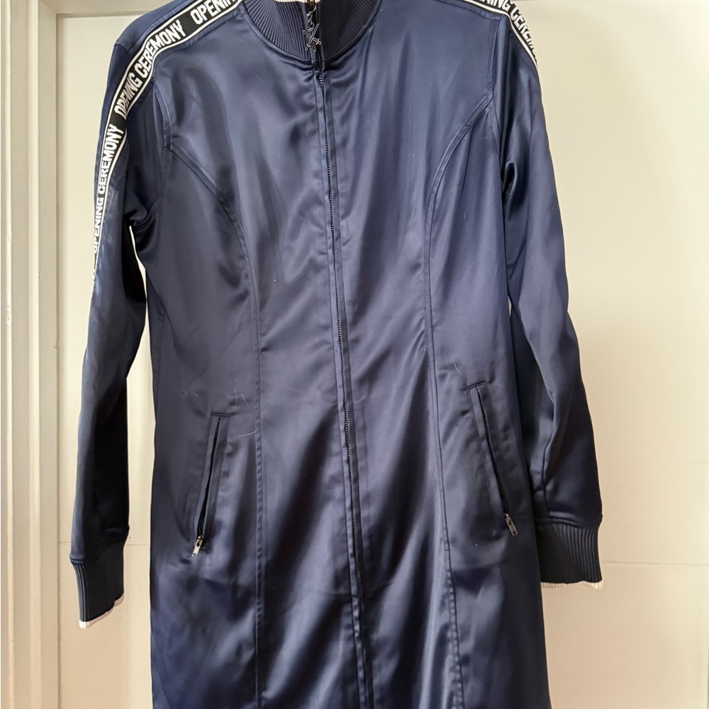 Navy Long Jacket with Logo Trim